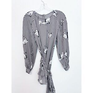 Zara Cat Blouse Women's Size Med Ivory Black Pinstripe Satin Belted Long Sleeve